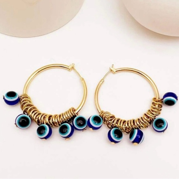 “Quadruple Evil Eye” Navy Blue Devil’s Eye Nazar Mati Protection Talisman Hoops - Picture 1 of 4